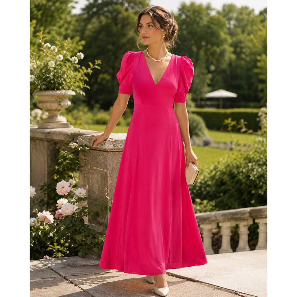 Banana‎ Republic Pink Silk Puff Sleeve V-Neck Maxi Dress 4 743559-02-1 NEW